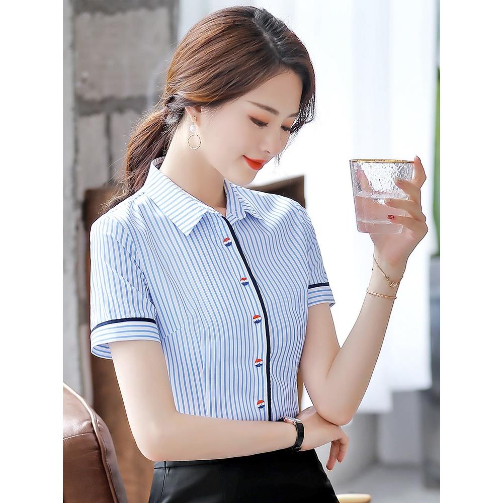 蓝条纹女式短袖衬衫竖条纹夏季时尚商务装酒店长袖大码衬衫工作服