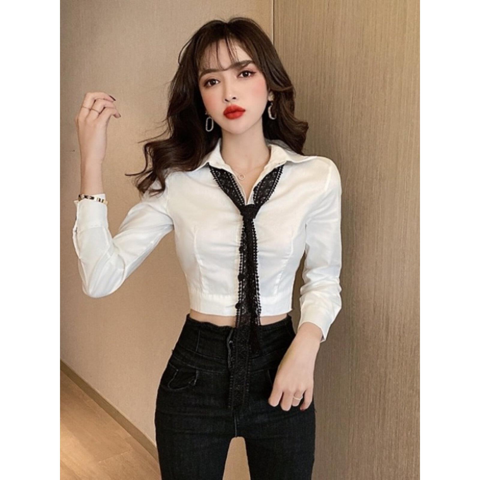 春季新款衬衫女士设计感小众白色性感修身高腰短款露脐装长袖上衣