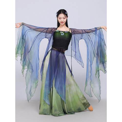 古典舞蹈服女飘逸身韵渐变破烂袖蝴蝶纱衣中国风晕染大摆裙舞蹈服