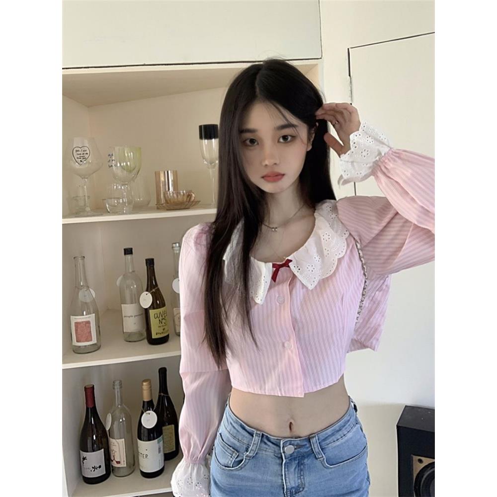 娃娃领蕾丝拼接粉色条纹长袖衬衫妇女早秋设计利基年龄减少短上衣