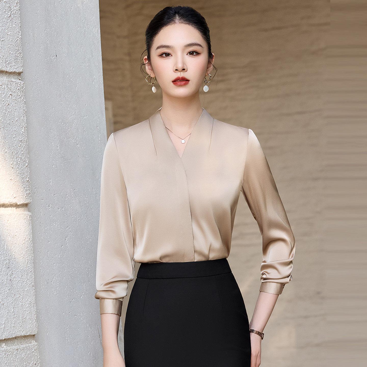 职业衬衫女春秋长袖缎面领上衣法式高级感通勤教资面试正装衬衫