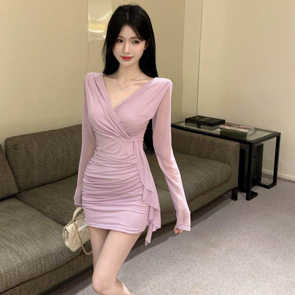 长袖性感低胸领网纱流苏包臀打底连衣裙2025秋季新款夜店女装