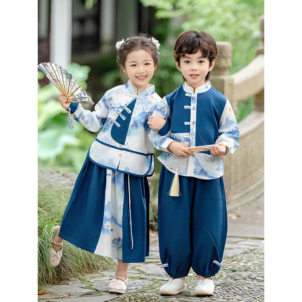 男女童春秋款汉服儿童唐装古风套装新中式宝宝青花瓷幼儿园演出服