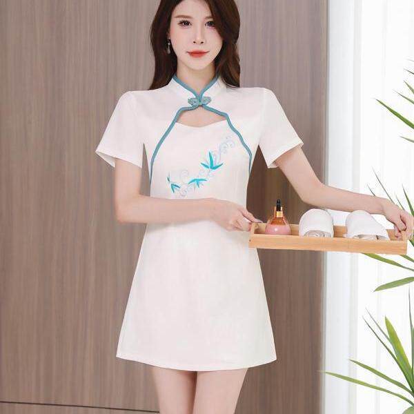 足浴技师工作服高端养生馆足疗气质套装采耳师服装沐足工衣连衣裙