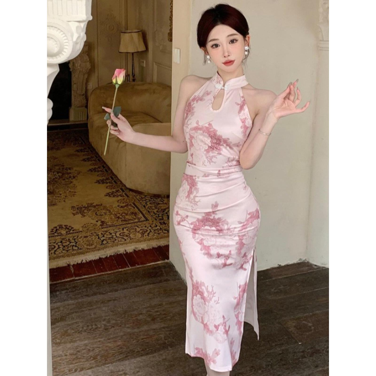 夏直播女主播衣服露肩旗袍改良年轻款少女国风印花气质修身连衣裙