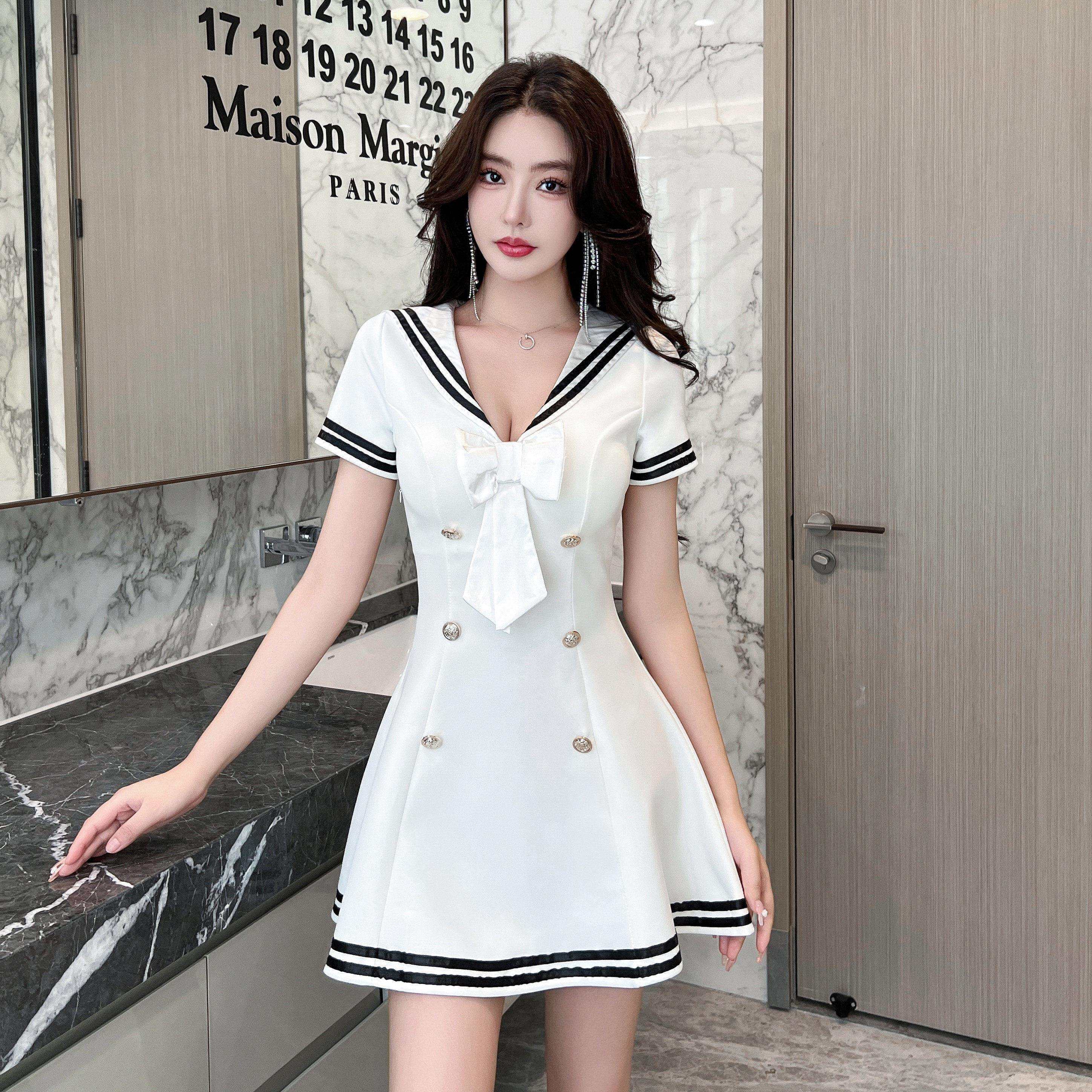 性感翻领连衣裙柔式按摩制服收腰字裙高级感夜总店技师工作服