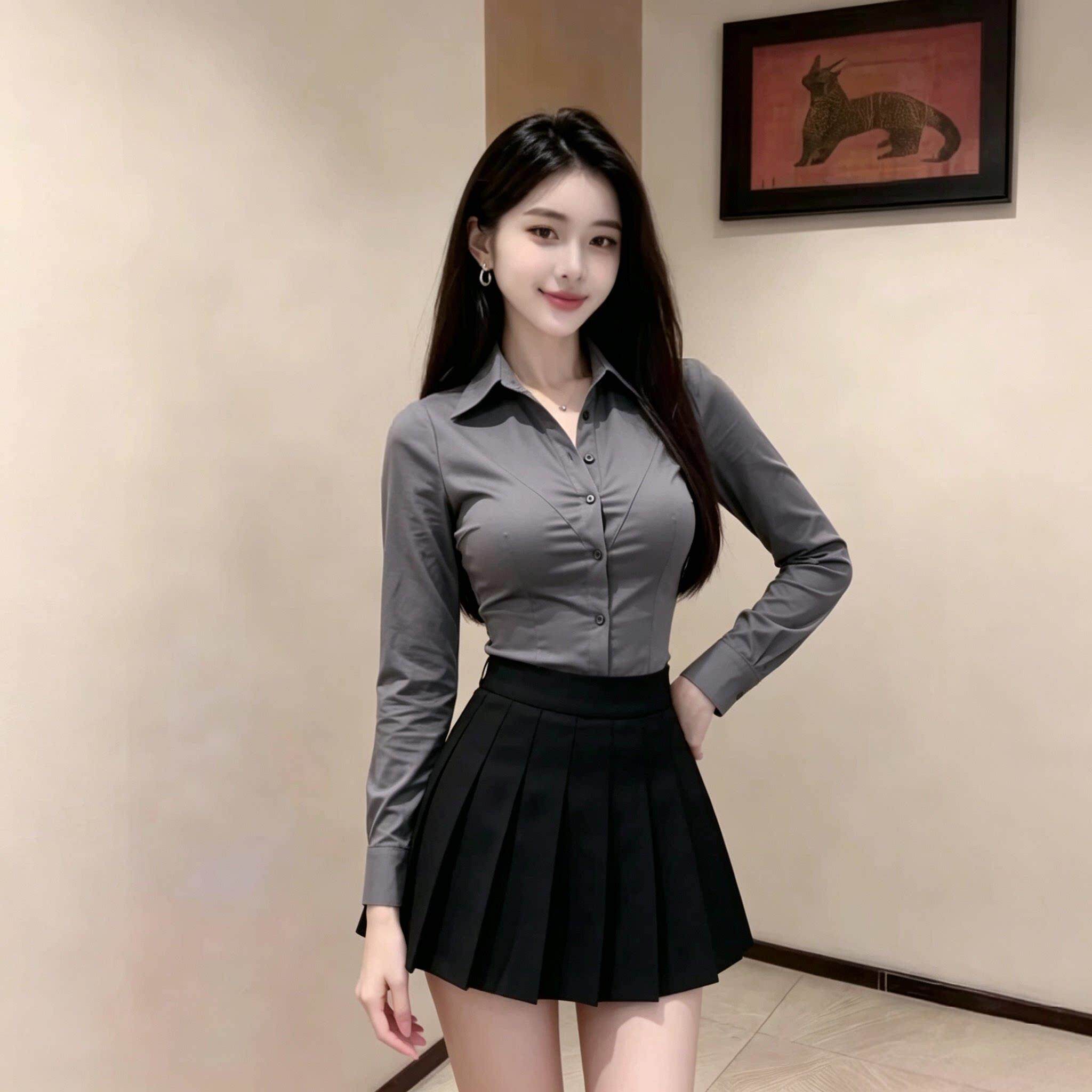 收腰灰色长袖衬衫女秋季修身显瘦通勤穿搭高腰百褶裙制服两件套