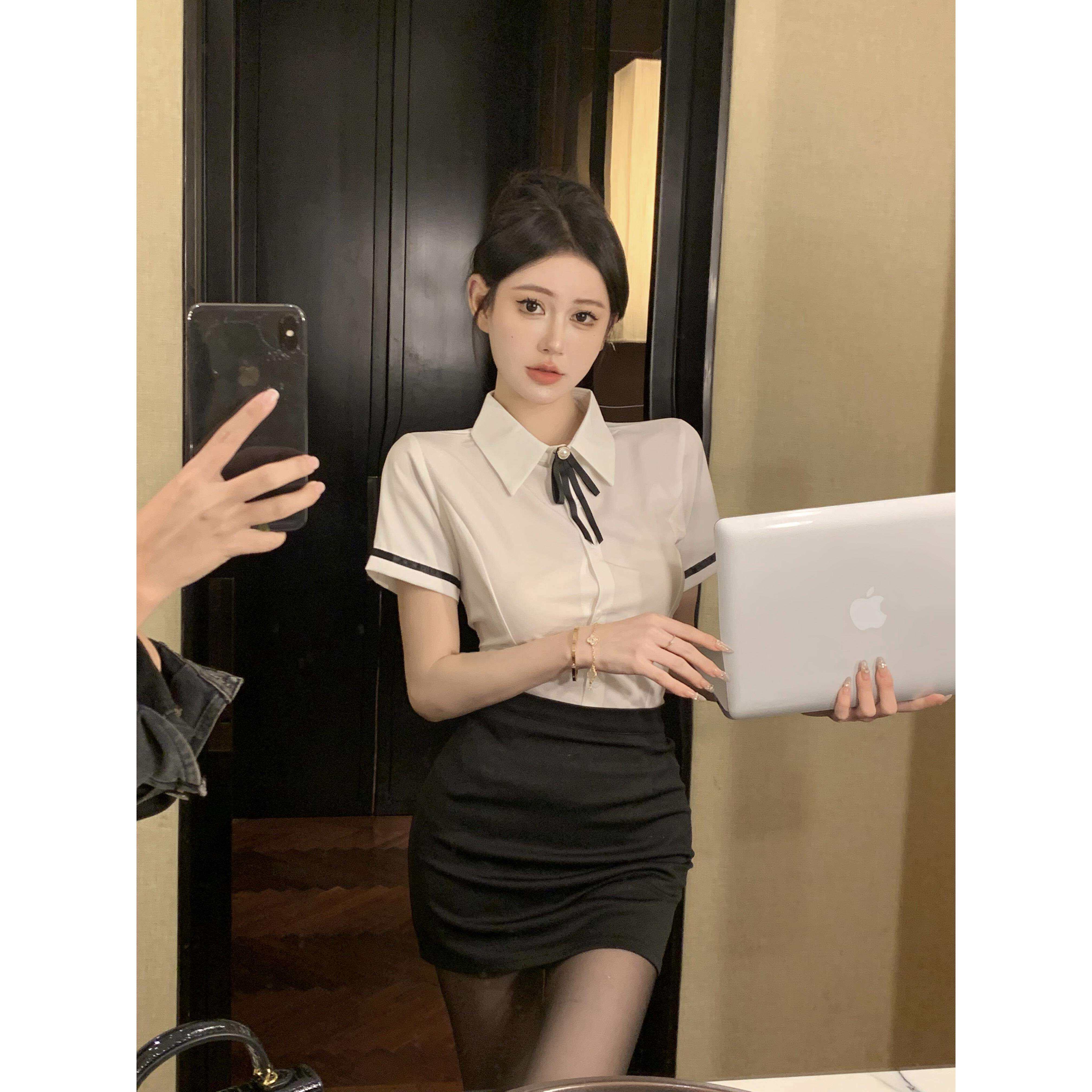 免烫白衬衫女夏季新款短袖包臀裙酒吧前台工作服减龄职业套装
