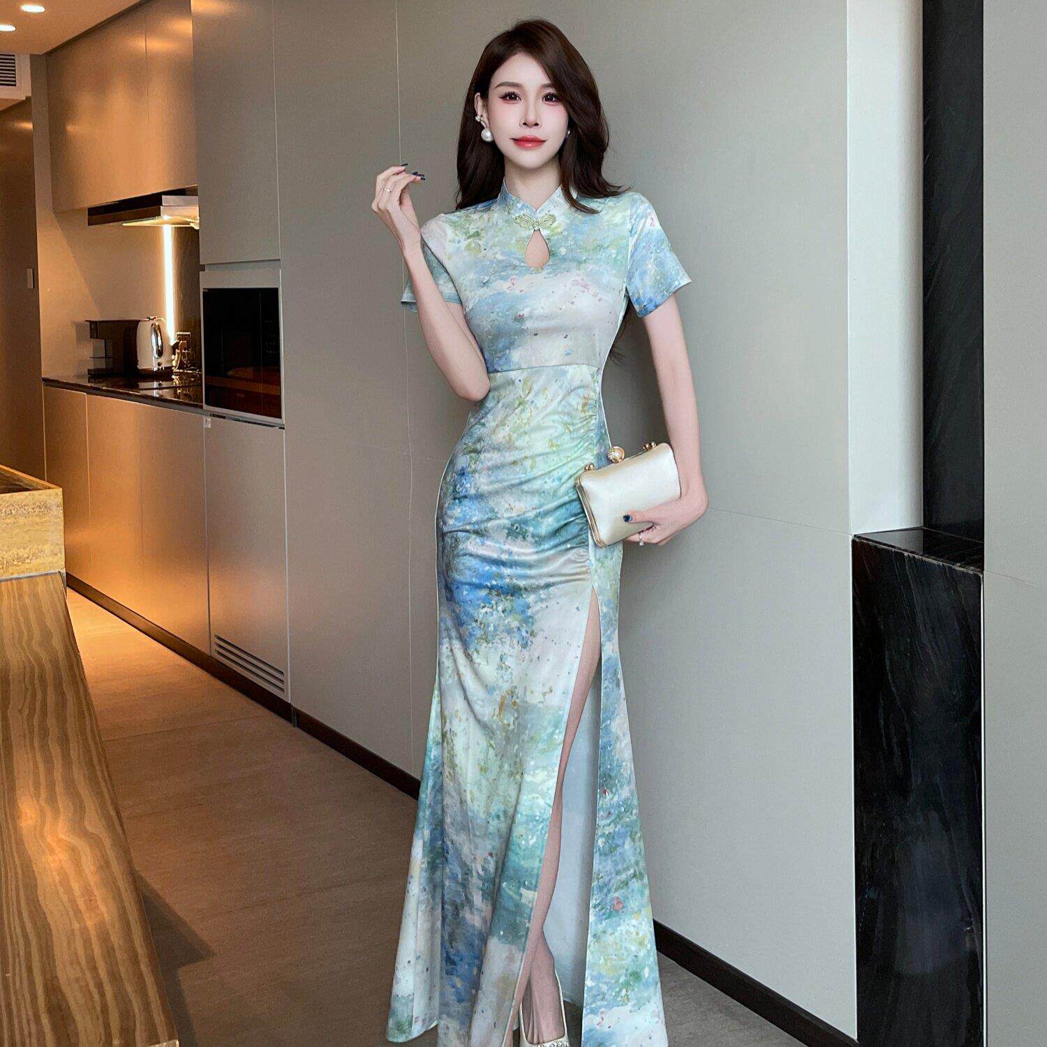 新中式国风碎花旗袍裙女26年春夏新款足浴技师工作服高腰显瘦减龄
