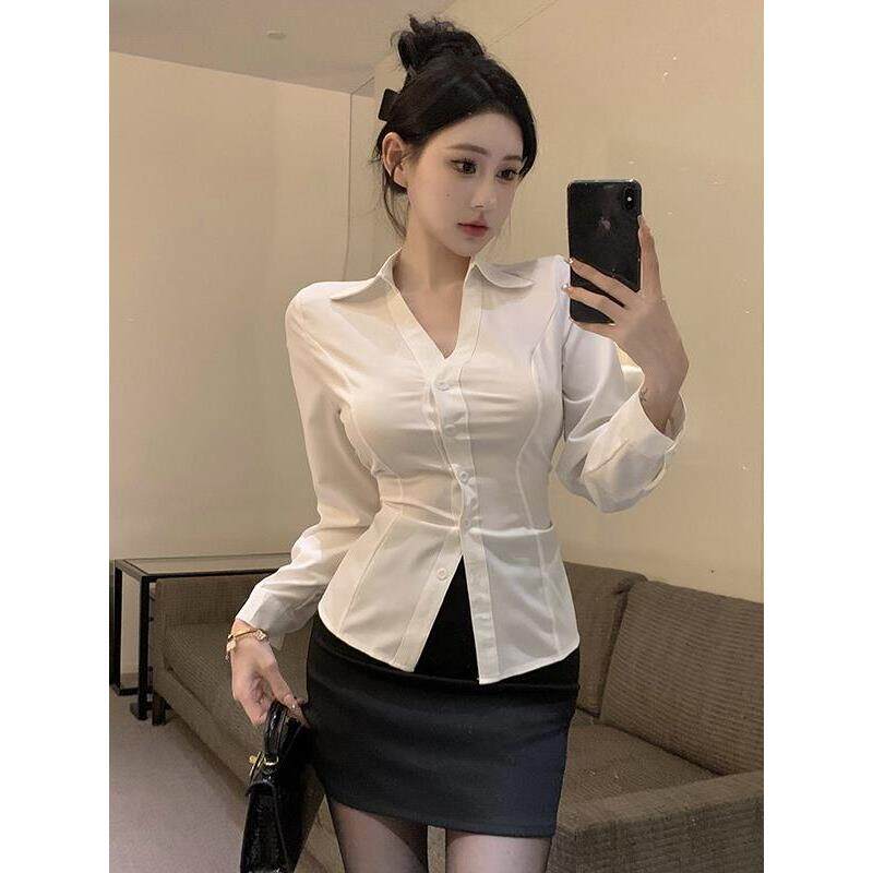 性感领白衬衫女长袖职业工作正装服气质春秋修身秘书制服套装
