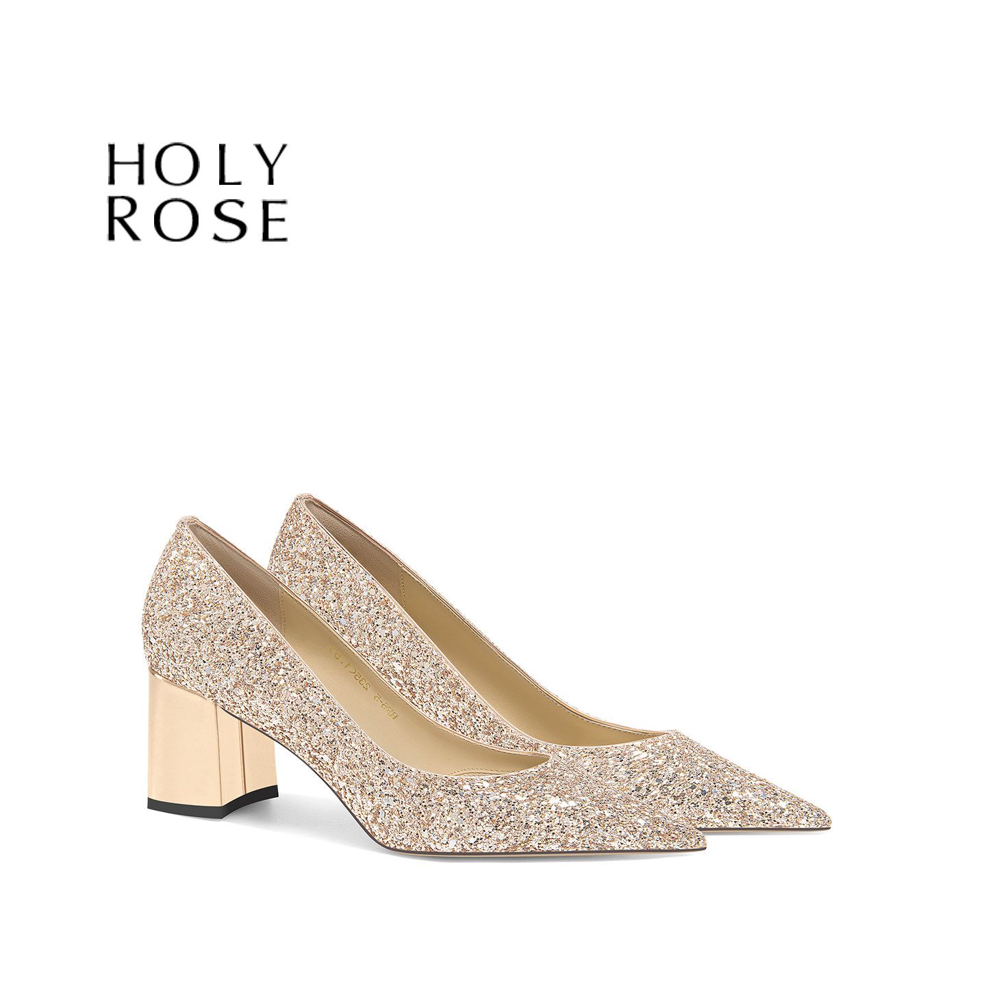 HolyRose法式金色尖头粗跟婚鞋