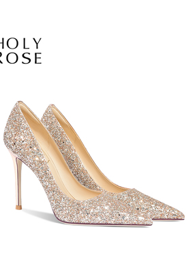 HolyRose【浪漫星河】水晶婚鞋新娘金色高跟鞋秀禾婚纱两穿高级感