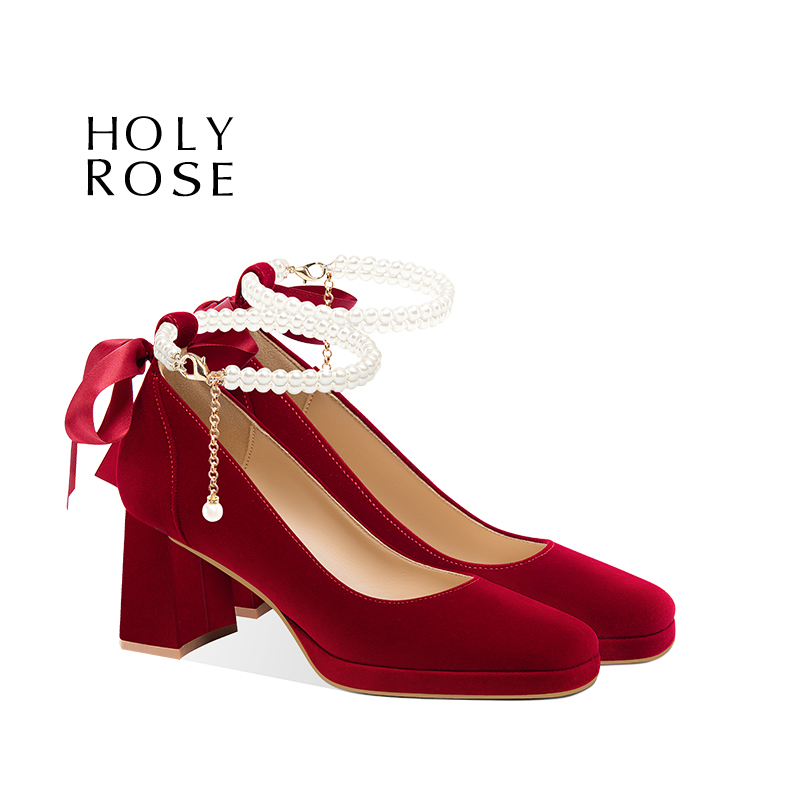 HolyRose红色婚鞋新娘鞋禾秀婚纱两穿高跟鞋平时可穿玛丽珍不累脚