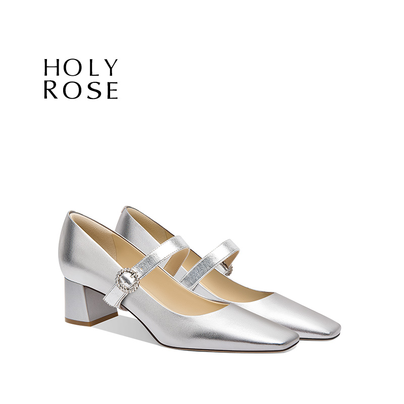 HolyRose银色玛丽珍鞋女粗跟方头一字扣通勤单鞋平时可穿不累脚