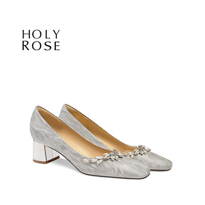 HolyRose【星河恋曲】法式银色水晶鞋婚鞋女方头粗跟订婚鞋公主风