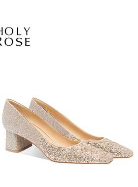 HolyRose【香槟美人】法式婚鞋方头粗跟新娘鞋高跟鞋单鞋平时可穿