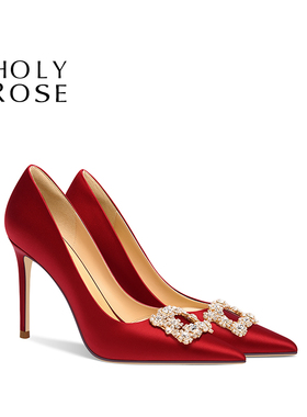 HolyRose【浪漫星空】新娘鞋婚鞋红色缎面高跟鞋新中式订婚敬酒鞋