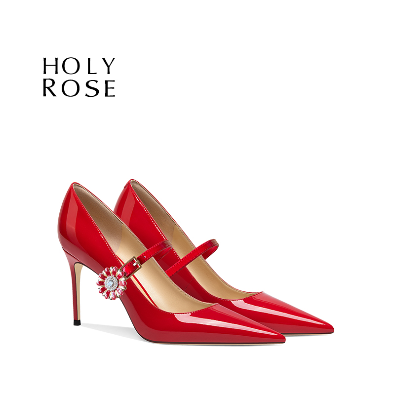 Holy Rose红色婚鞋漆皮尖头高跟鞋女细跟百搭平时可穿不累脚单鞋