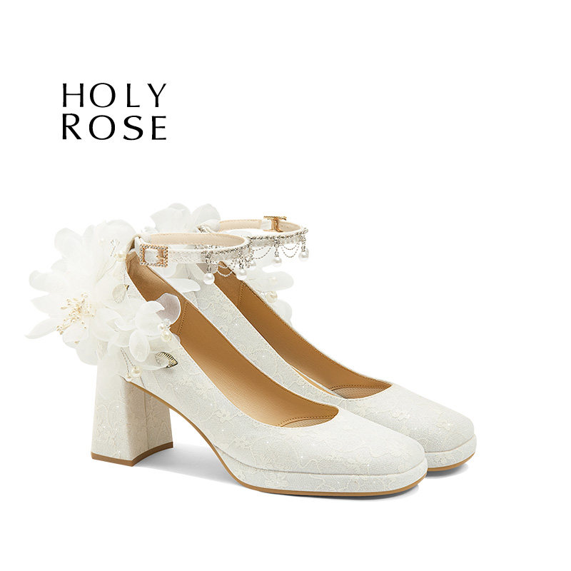 HolyRose法式婚鞋白色蕾丝玛丽珍鞋女粗跟洛丽塔圆头珍珠高跟鞋,女鞋,玛丽珍鞋,淘宝优惠券,粉丝福利购,淘宝优惠卷