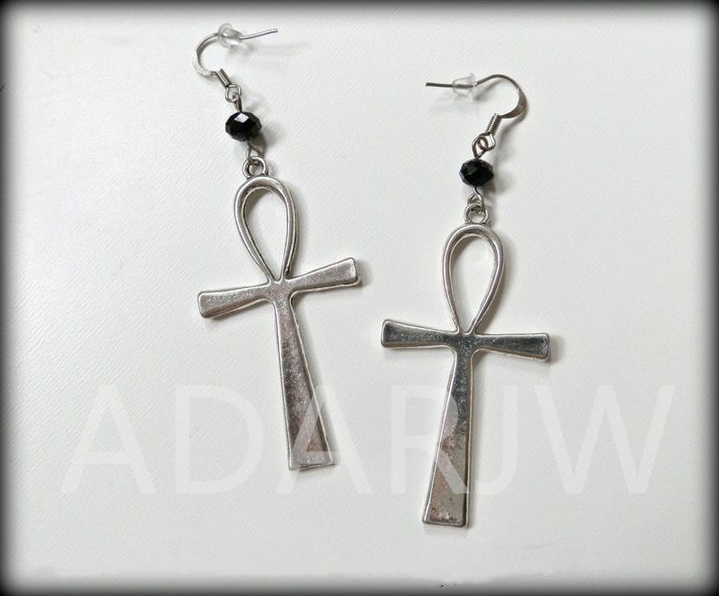 Ankh ear Black glass crystal charms Vintage Jewellery silver