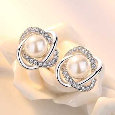 Upscale 925 Sterling Silver Earrings Zircon Pearl Twist Luxu