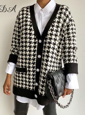 FSDA V Neck Women Button Black Houndstooth Cardigan 2020 Lon