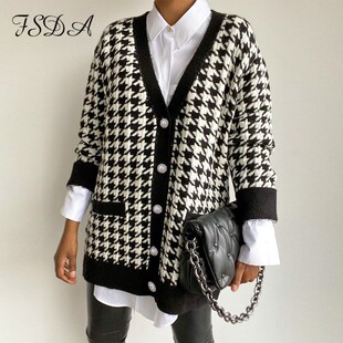 FSDA V Neck Women Button Black Houndstooth Cardigan 2020 Lon