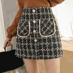 Tweed Skirts Women Autumn Winter Pearl Button Mini Pencil Sk