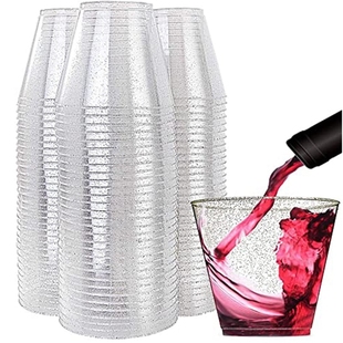 Clear Plastic Cups, Silver Glitter Plastic Wine Glasses
