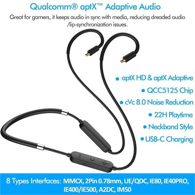 QCC5125 aptX Adaptive Audio Bluetooth Cable MMCX 2PIN A2DC E