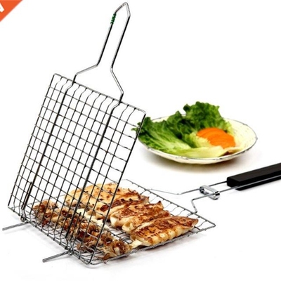 Barbecue Grilling Basket Grill BBQ Net Wooden Handle Meat Fi