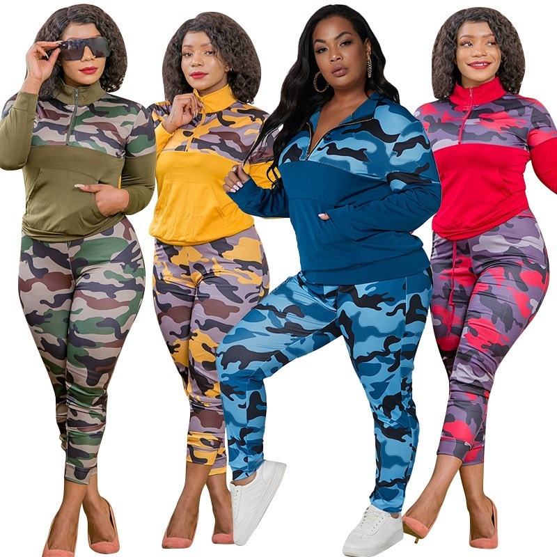 Plus Size S-5XL 2 Piece Outfits for Women Camouflage Printed