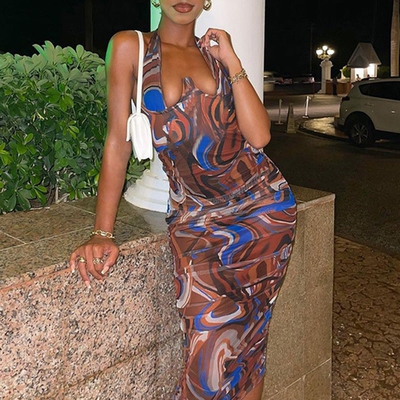 Dulzura Tie Dye Print Women Backless V Neck Halter Midi Dres