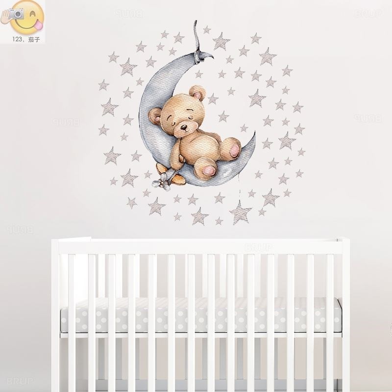 cartoon teddy bear sleeping on the moon and stars wall stic