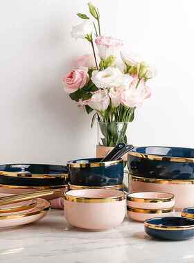 Pink Green Gold Stroke Ceramic dinner Plate Tableware Porcel