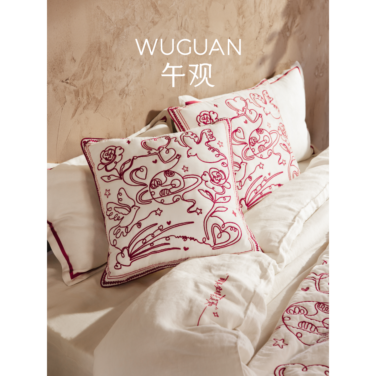 午观抱枕床头亚麻刺绣抱枕