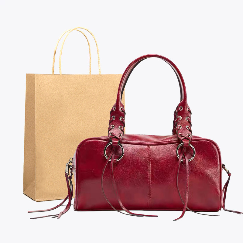 2025秋季新品女包包 时尚裂纹效果斜挎包 大容量红色手提保龄球包