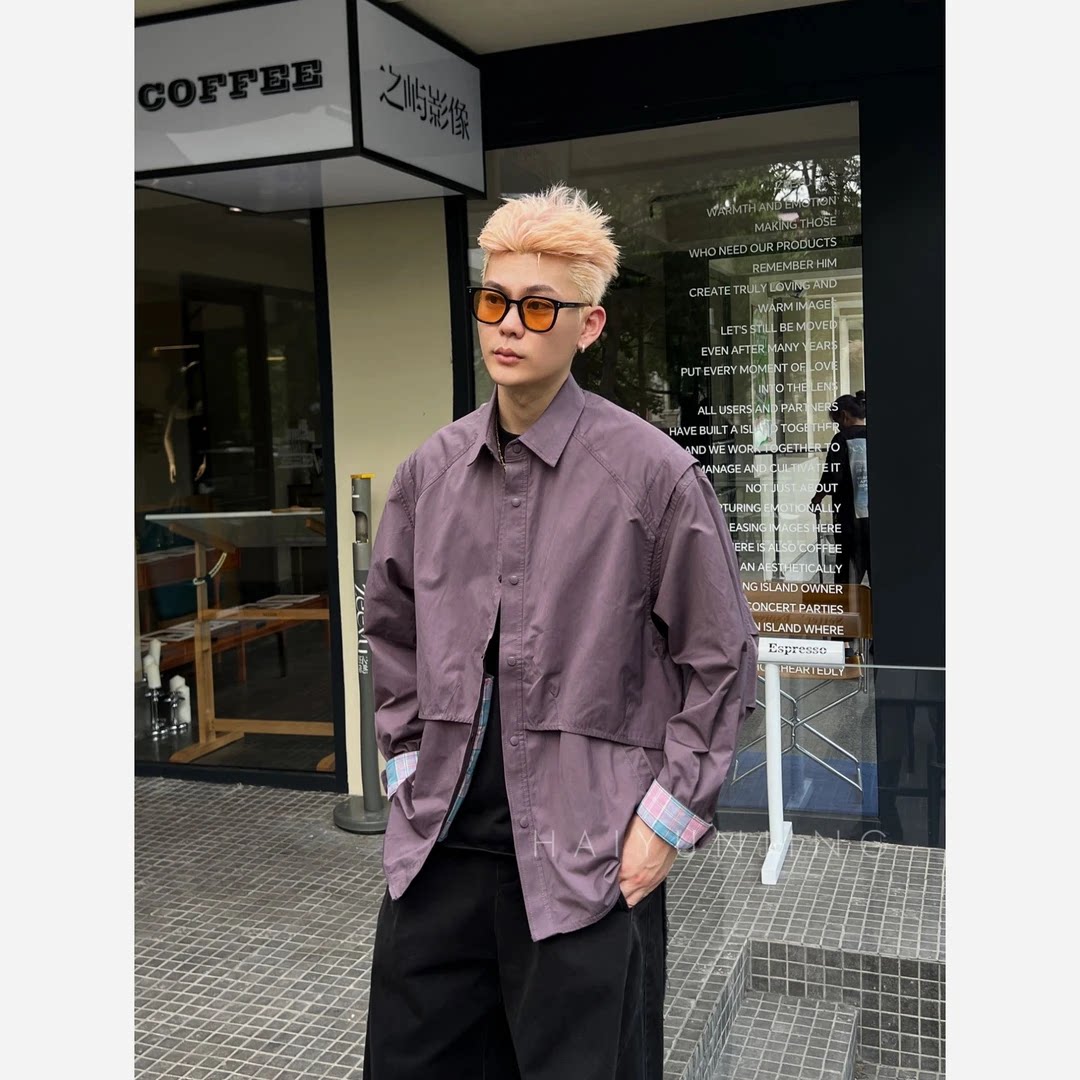 日系格纹宽松假两件翻领男夹克图片