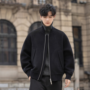 短款 秋冬季 保暖拉链极简风夹克外套 潮流立领双面毛呢大衣男士 韩版