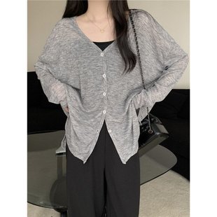 夏秋季女装新款 微透薄款日韩时尚宽松慵懒针织开衫防晒空调罩衫
