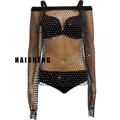 欧美跨境TME性感辣妹渔网闪亮烫钻女装一字肩镂空透视罩衫上衣女