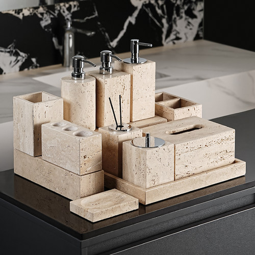 法式洞石侘寂风浴室用品收纳套件