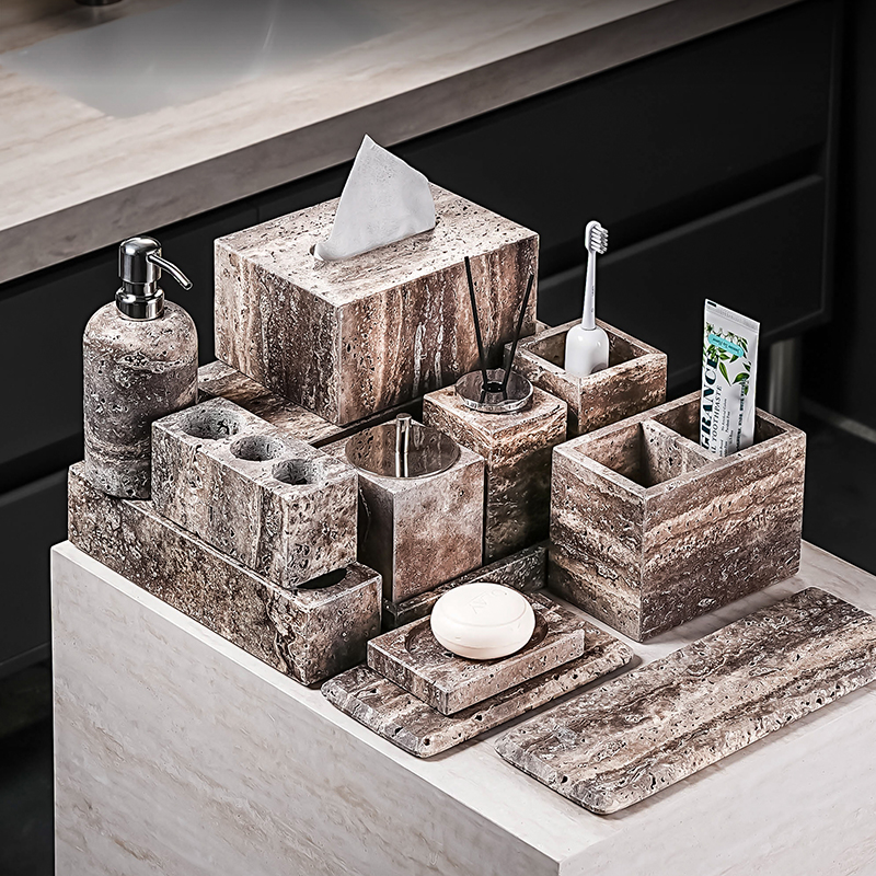 天然銀灰洞石洗漱用品收納套件