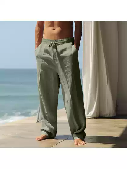 Men's Cotton and Linen Long Pants Straight Leg Pants