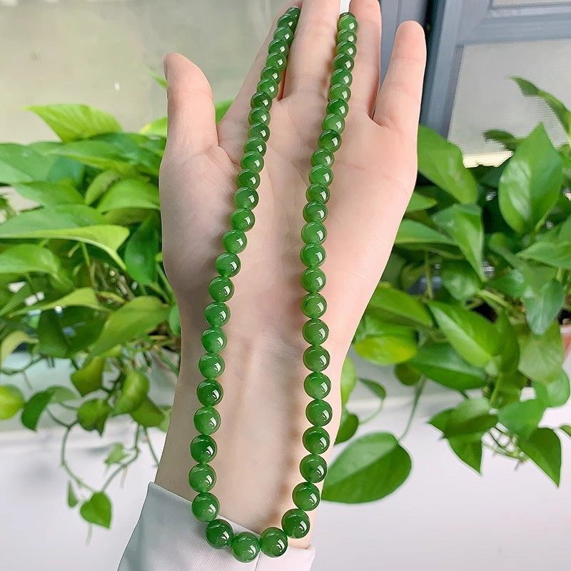 天然新疆和田玉碧玉项链女款玉珠子项链圆珠菠菜绿项链少黑点玉石