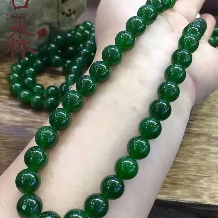 新疆和田玉碧玉项链正品老坑料菠菜绿真玉链 10毫米圆珠链妈妈链