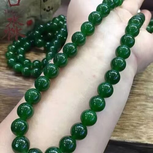 新疆和田玉碧玉项链正品老坑料菠菜绿真玉链 10毫米圆珠链妈妈链