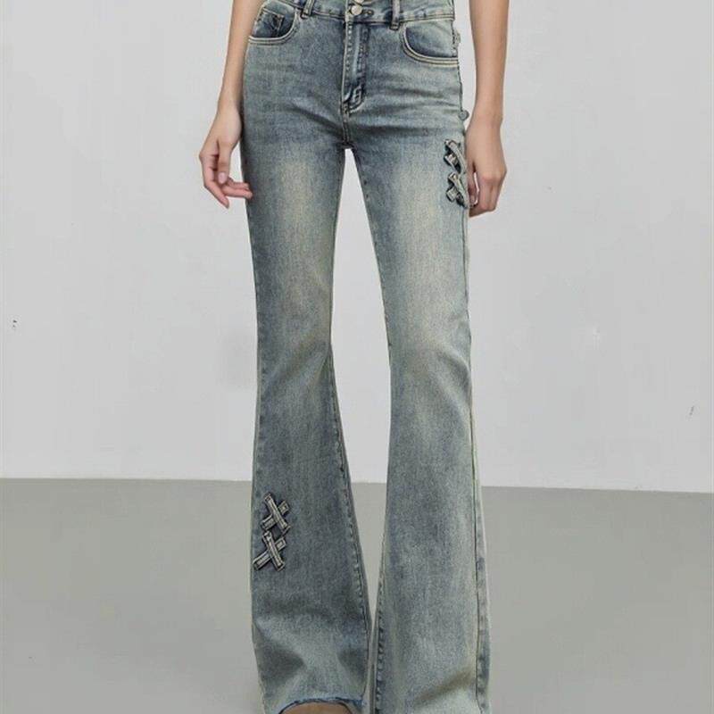 大码复古美式弹力牛仔裤女春秋胖mm修身高腰显瘦直筒马蹄微喇叭裤