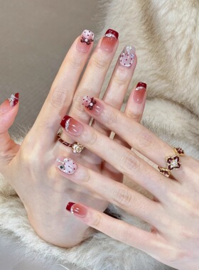 艺人超短款红色法式猫眼轻奢闪钻纯手工美甲穿戴甲显白婚甲高级感