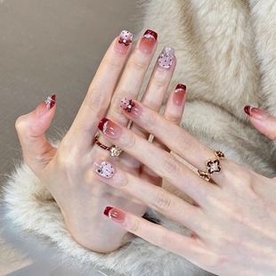 艺人超短款 猫眼轻奢闪钻纯手工美甲穿戴甲显白婚甲高级感 红色法式